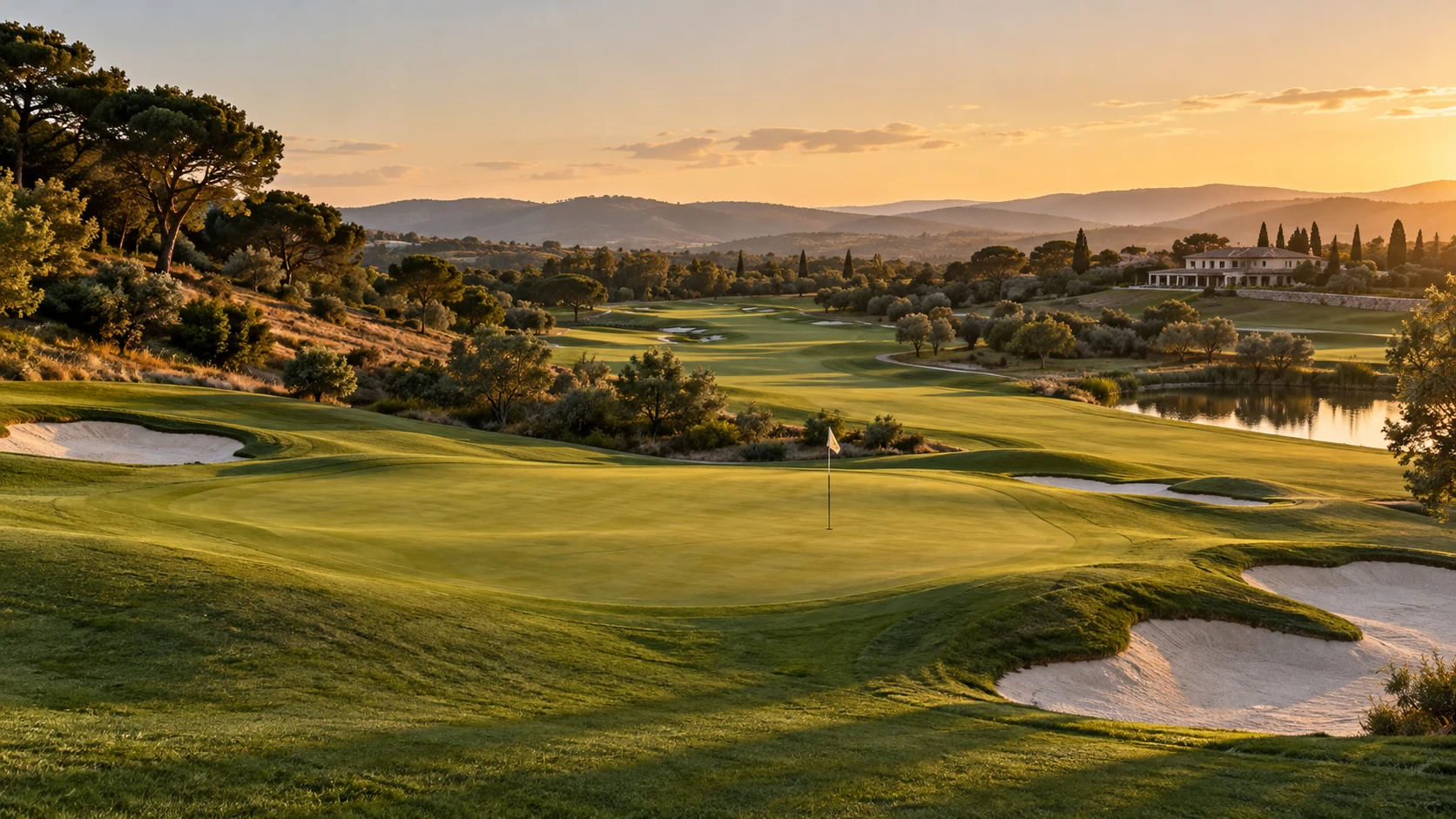 Golden evening light over a golf green, fairway, and clubhouse.