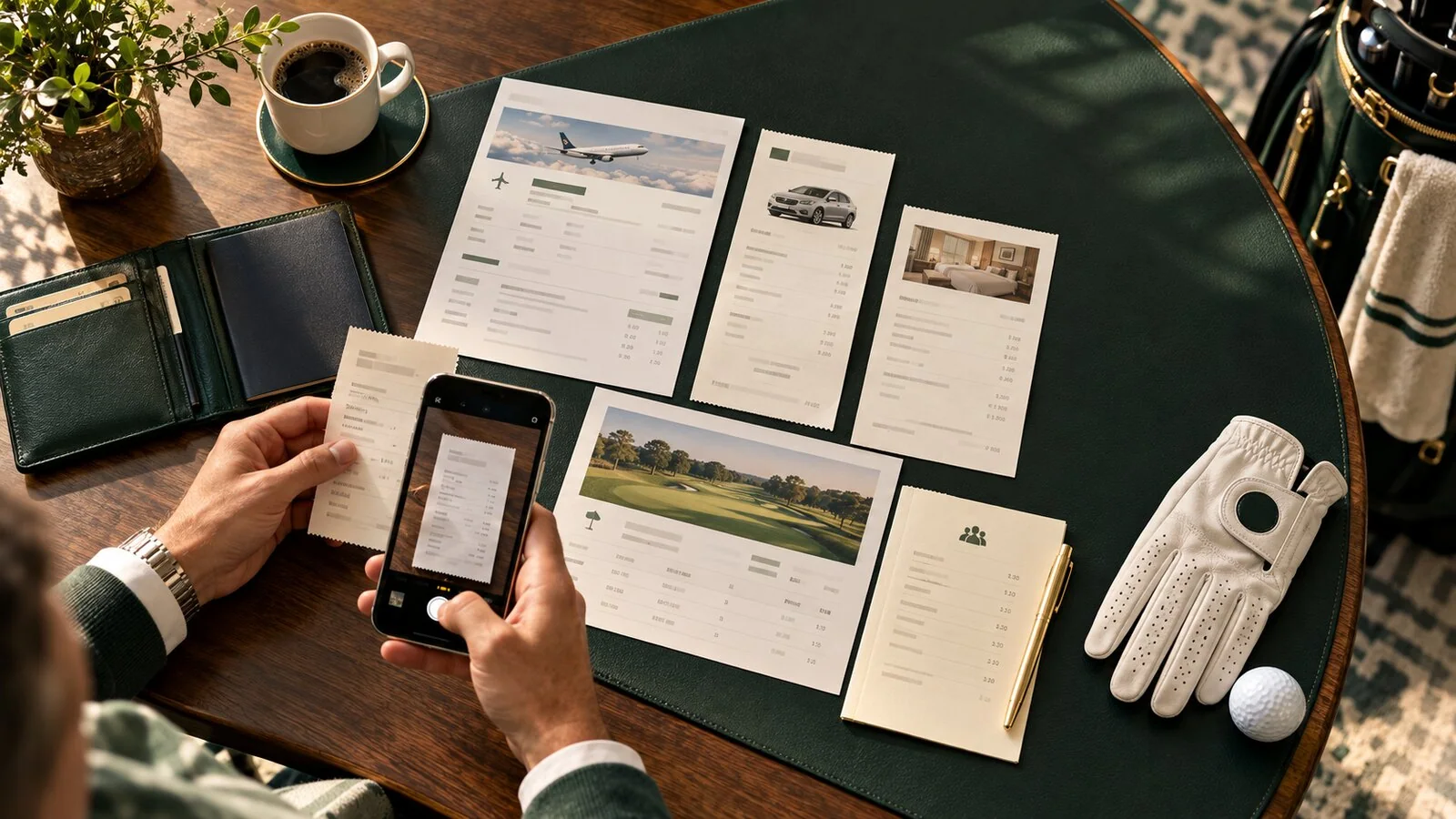 Illustrative travel documents and a phone arranged for planning a golf trip.